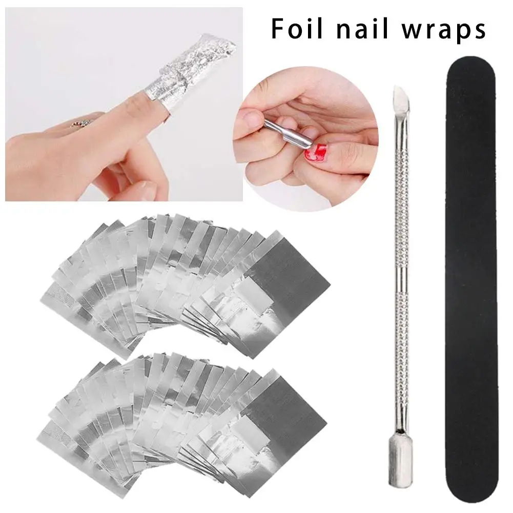 

200Pcs Aluminium Foil Nail Polish Remover Wraps Kits Soak Off Gel Remover Foils +Nail Wraps Nail Cuticle Pusher+ Nail File
