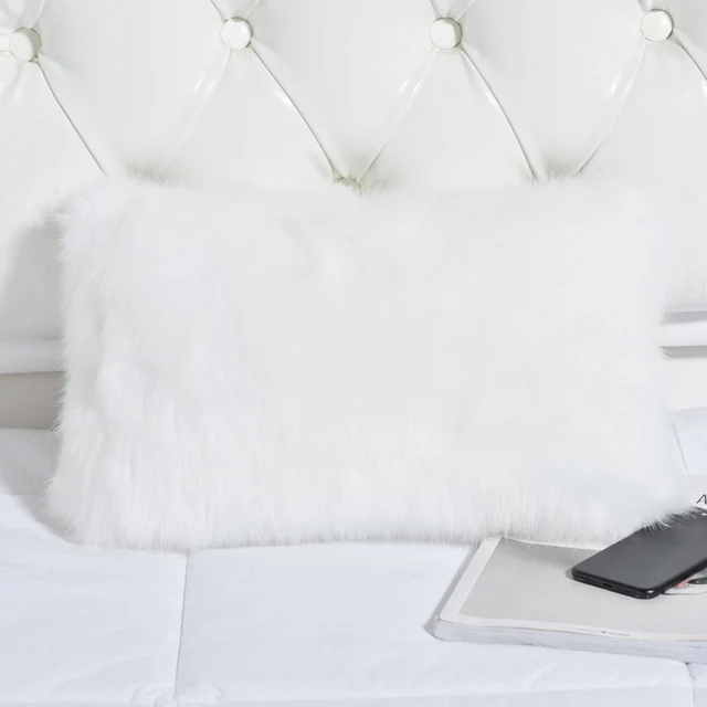 White fluffy Faux fur long couch pillows designer lumbar throw pillow