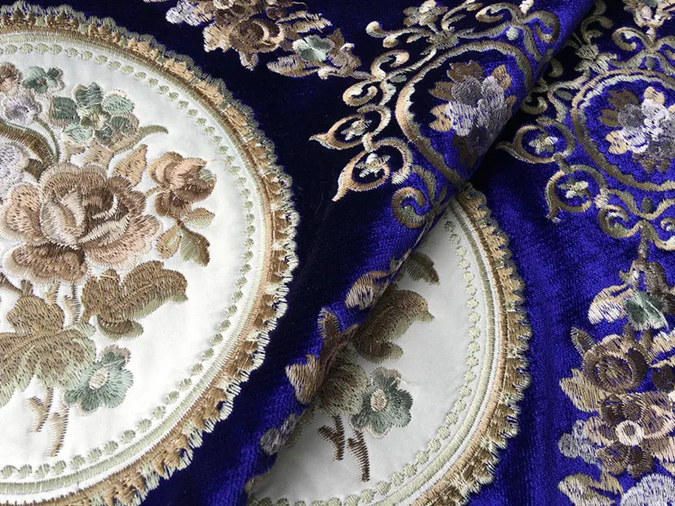 Роскошная традиционная по всей поверхности вышивка синий цветочный бархат диван кресло обивка ткань 140 см по метрам
