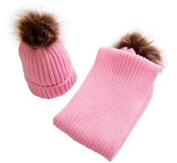 

lovely Baby Kids Fashion winter Fur Pom Hats Cap with Scarf Set Boy Girl Warm Knitting Beanie Christmas Hat for baby 2018