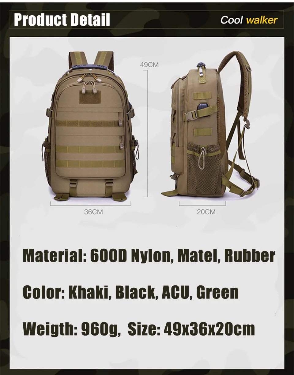 40L Military Tactical Assault Pack Backpack Army Molle Waterproof Bug Rucksack for Outdoor Hiking C