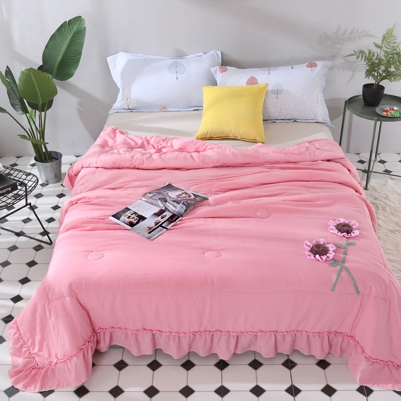 One Piece Washed Cotton Summer Quilt Embroidery Thin Blanket Solid