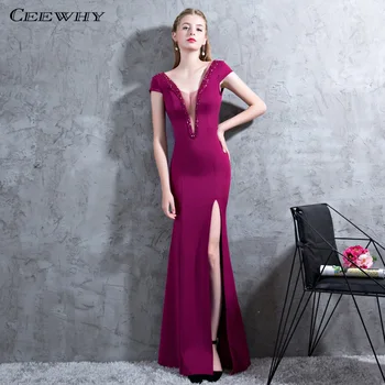 

CEEWHY Cap Sleeves Open Back Luxury Evening Dress Bead Gown Mermaid Dresses for Women Elegant Vestido Largos Robe de Soiree