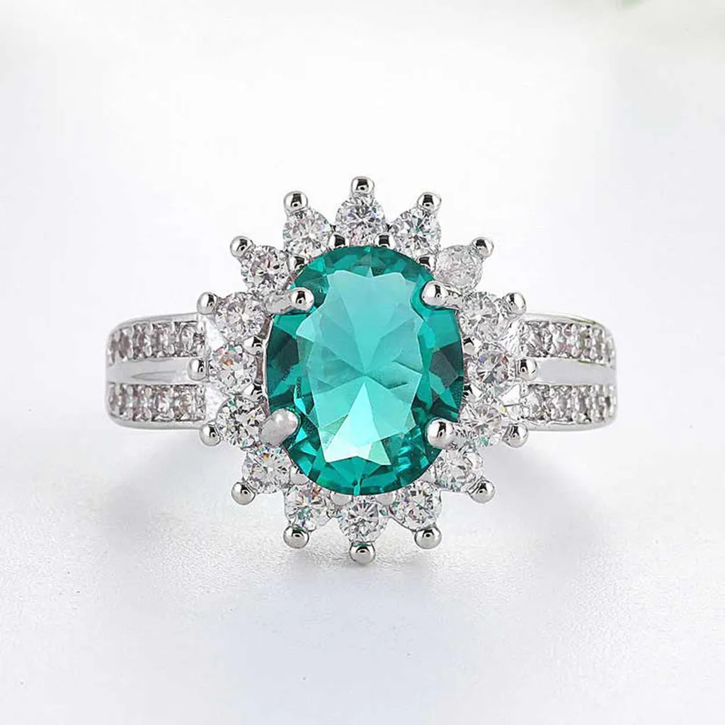

anillos mujer Women's RingLuxurious Elegant Green Sun Flower Zircon Pierced Ring Ladies Jewelry 2019 bague femme