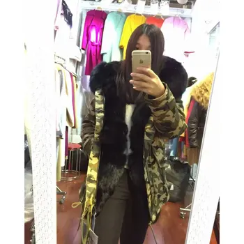 

Women fashion jacket winter outerwear furs coat fox fur collar black rabbit fox faux fur inside camouflage parka