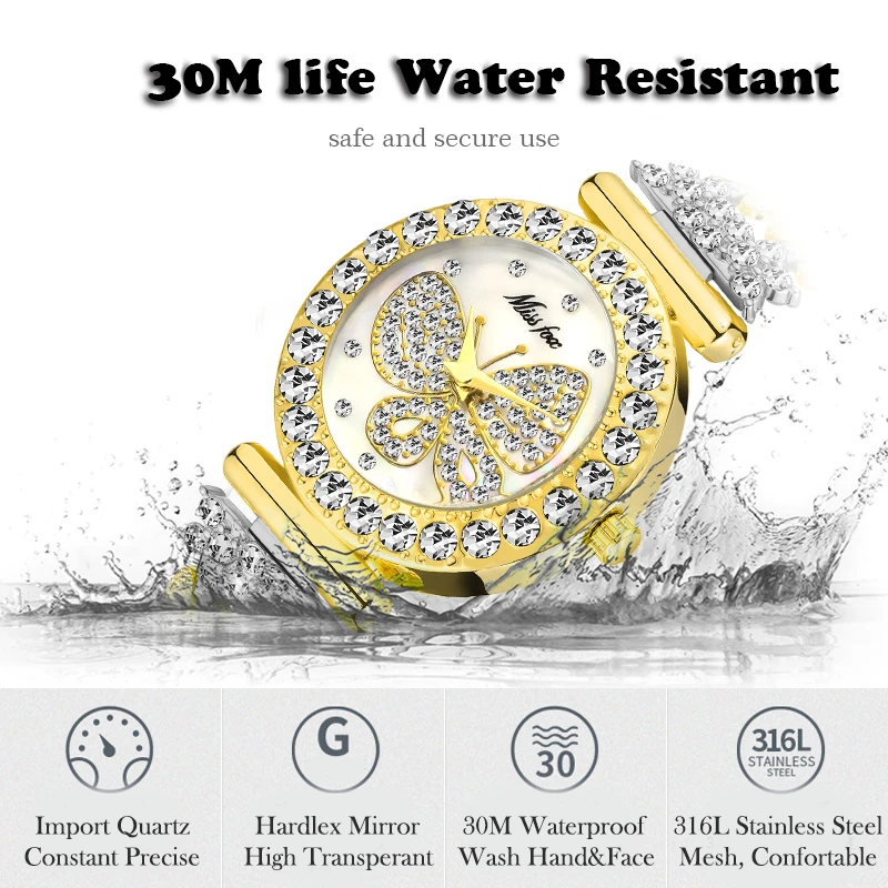 MISSFOX Бабочка часы Женские люксовый бренд большой алмаз 18 К золотые часы водонепроницаемый специальный браслет дорогие женские наручные часы
