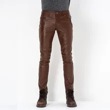 Новые мужские брюки из натуральной воловьей кожи, корейские узкие брюки, мужские деловые повседневные Модные мотоциклетные коричневые узкие брюки S-4XL