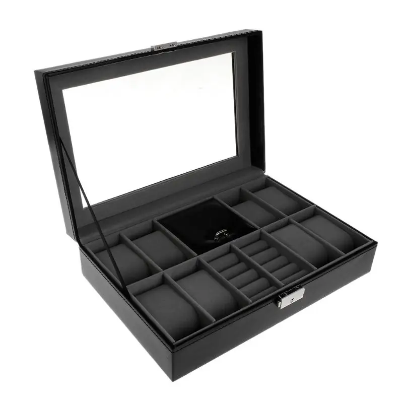 

Jewelry Display Container Watch 8+2 Slots Grids For Ring Ear Stud Earrings Watches Storage Organizer Faux Leather High End Case