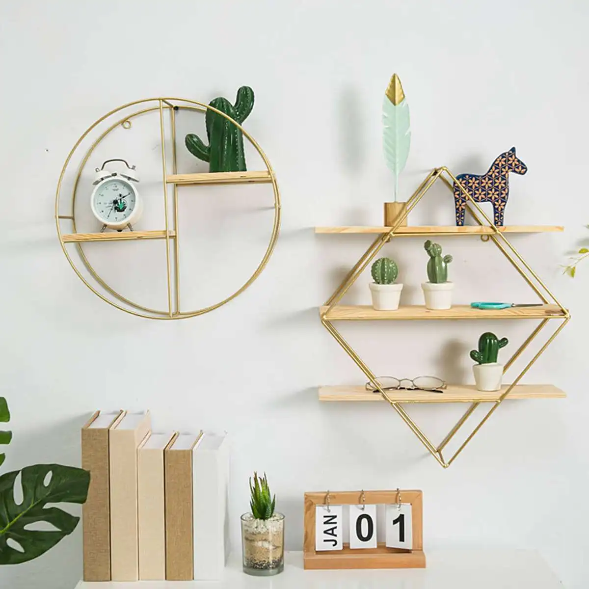 

Round Diamond Iron Rack Metal Wall Shelf Wall Hanging Decoration Metal Grid wall decorative shelf Modern Storage Holders Racks