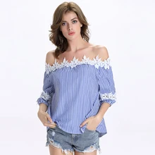 Slash Neck Leaves Hollow Half Sleeve Cuff Sleeve Off Shoulder Tops Shirt Cotton Blue Striped Women Summer Shirt Blouse