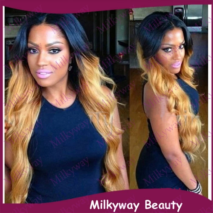Free Shipping new arrival two tone black to blond wavy lace front wig long ombre heat