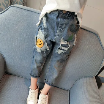 

Girls 2-8 Y Spring Autumn Jeans Ankle Length Denim Pants Casual Fashion Distrressed Holes Smiling Face Elastic Waist Trousers