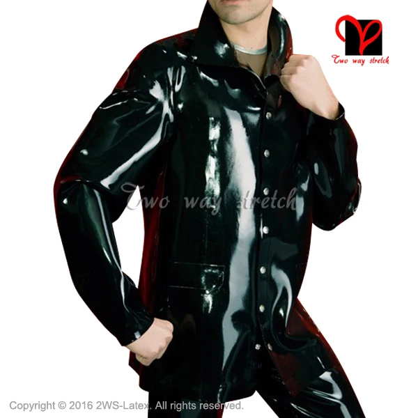 Сексуальный черный латексный пиджак с длинными рукавами на пуговицах спереди резиновый плащ рубашка Gummi Униформа Блузка Верхняя одежда XXXL SY-074