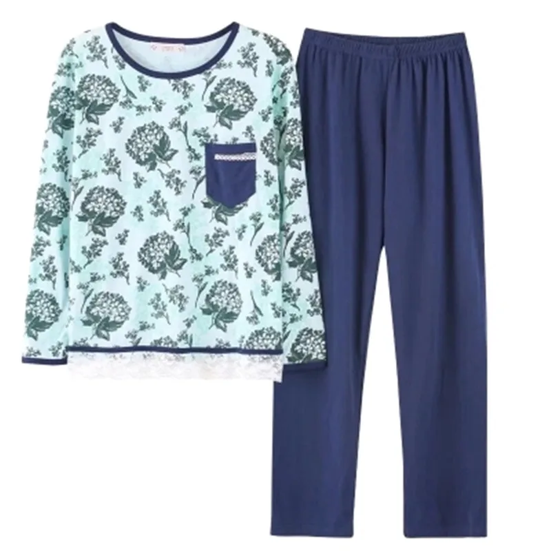 

Mom Pyjamas 100 % Cotton O-Neck Long Sleeve Full Trousers Lady Two Piece Women Thin Pajama Set 2018 Top Fashion