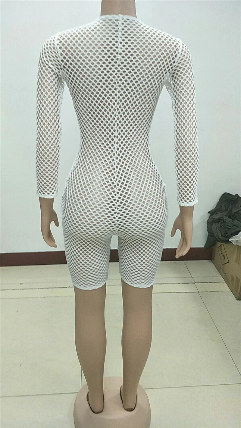 Adogirl Hollow Out Fishnet Jumpsuit Women Sexy Zipper V Neck 3/4 Sleeve Summer Shorts Romper Beach Playsuit Night Club Bodysuits