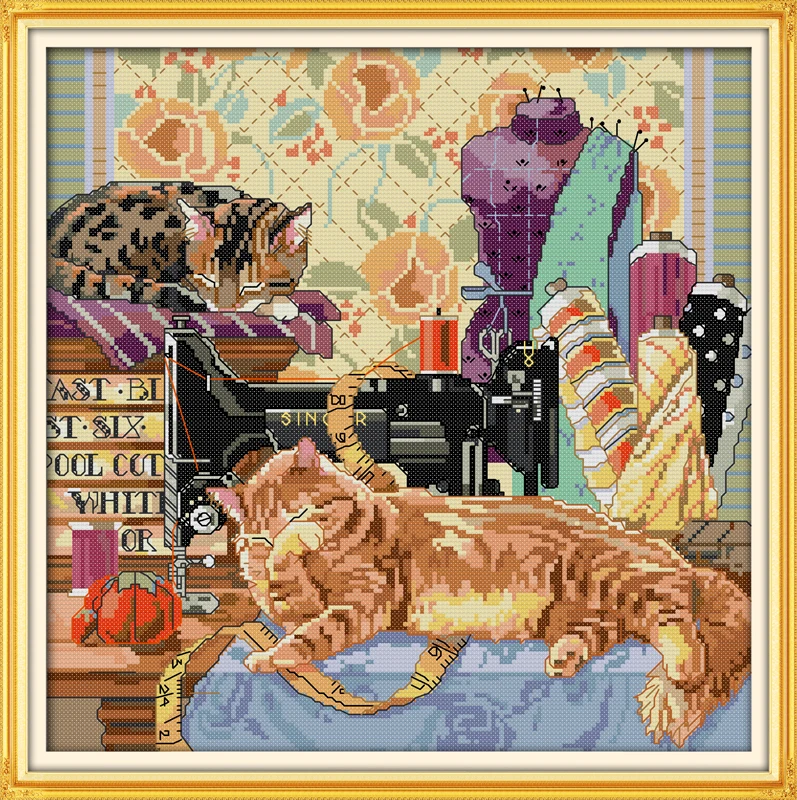The cat and sewing machine cross stitch kit 14ct 11ct pre stamped