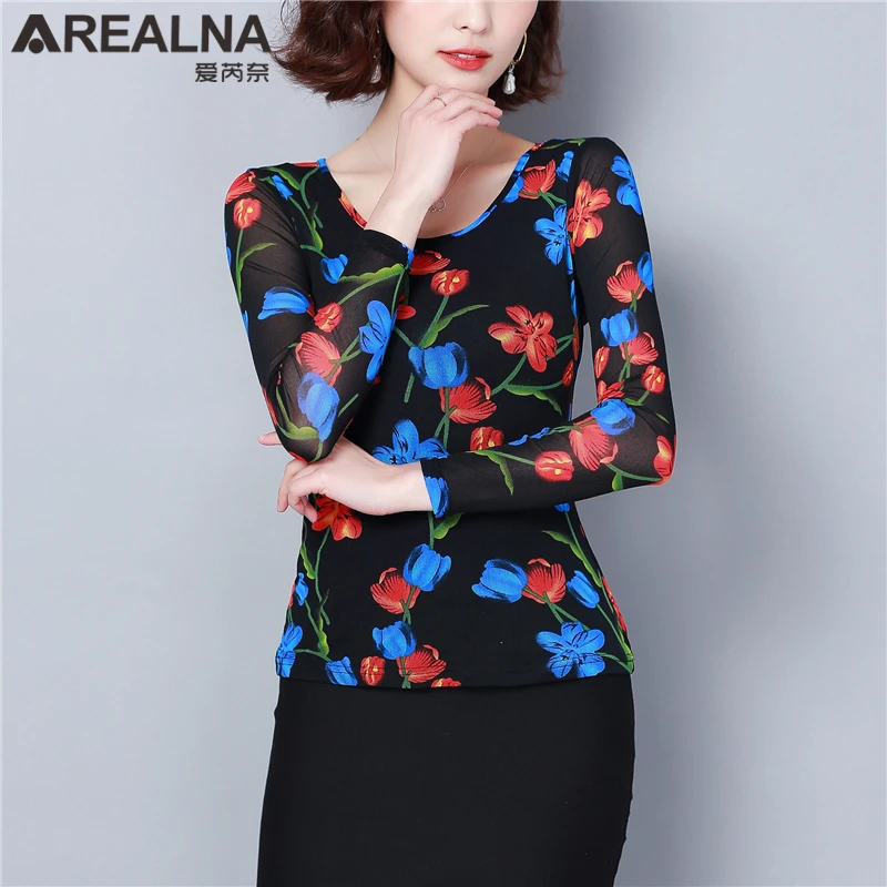 Элегантные женские блузки с цветочным принтом эластичные тонкие прозрачные топы корейская модная одежда винтажная Цветочная блузка женская сетчатая рубашка