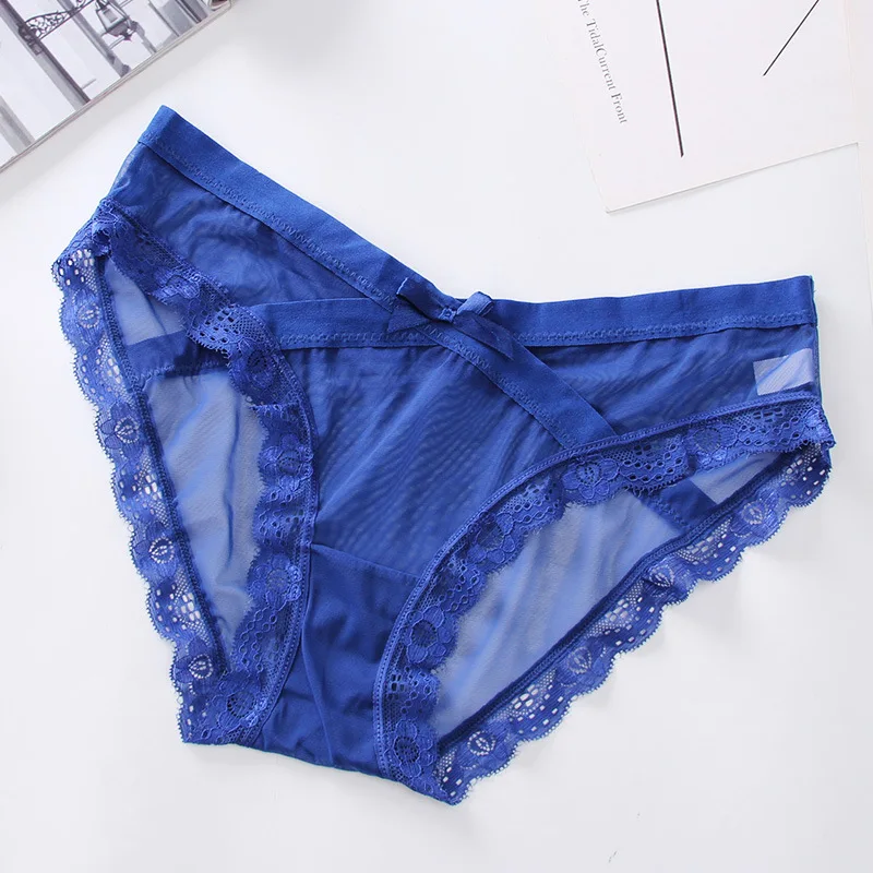 Ultra-thin Sexy Women Underwear Panties Transparent Mesh Briefs Quick-drying Lady Knickers Solid Color Underpants 15 - Цвет: Синий