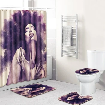 

Modern Girls Waterproof Bathroom Decor Bath Curtain Non-slip Flannel Toilet Carpet Rugs Bath Mat Set Shower Curtain Set