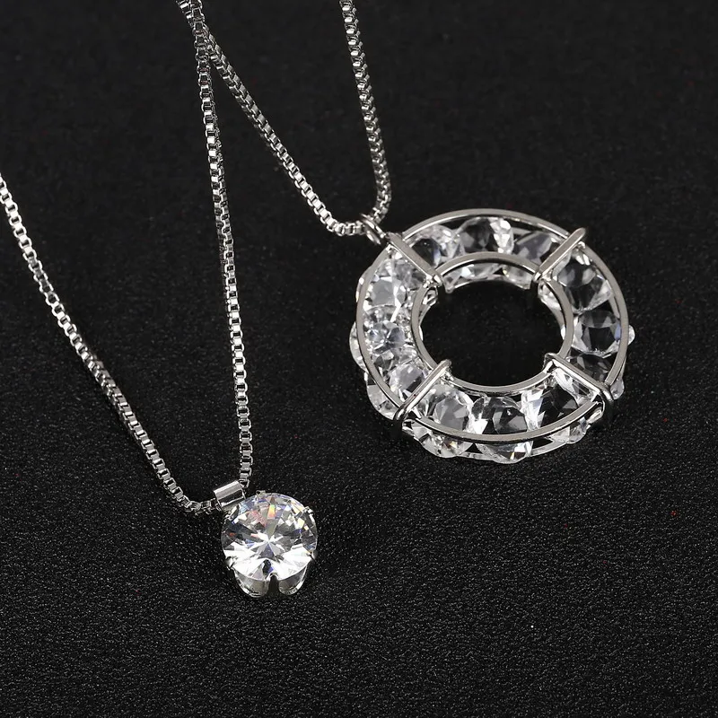 

Top Quality Shinning Crystal Geometric Pendant Necklace Silver Plated Two Layers Chains Necklace Best Gift For Women