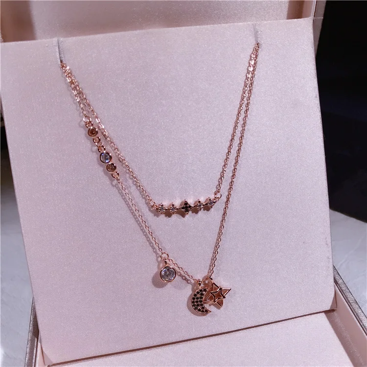 

Necklace Punk 2019 New Fashion 925 silver Necklace Rose Gold Simple Double Moon Star Short Necklace Sale Acero Inoxidable