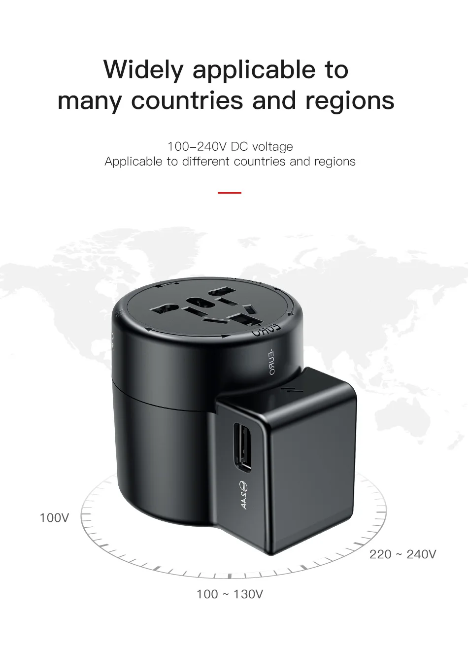 Baseus, Международный адаптер для путешествий, вихрь, универсальное дорожное настенное зарядное устройство, штекер, двойной USB, адаптер питания переменного тока, конвертер для ЕС, США, Великобритании, Австралии