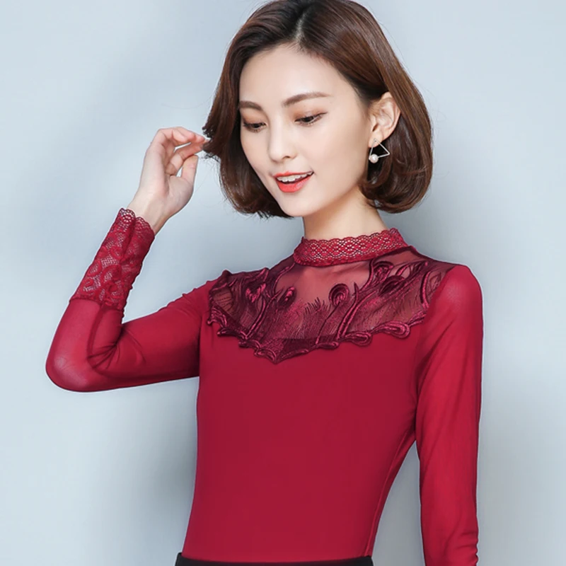 Elegant Embroidery Blouses Women Mesh Turtleneck Long