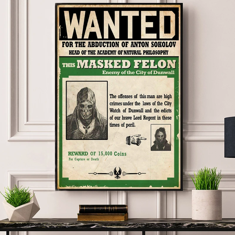 Dishonored 2 геймплей Corvo Wanted плакат регент HD холст картины для гостиной Современное украшение на стену, живопись маслом домашний декор