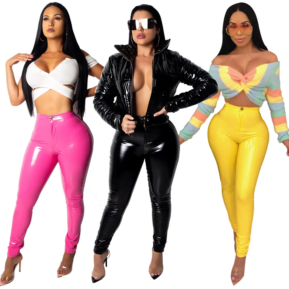 

Women oversize 3xl 2xl shiny leather pants women high waist winter pants women thick plus size