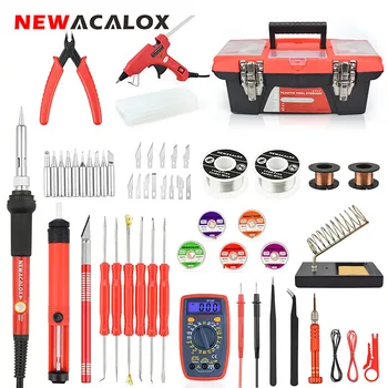 

NEWACALOX 60W EU/US DIY Soldering Iron Set Digital Multimeter Mini Glue Gun Hobby Knife Plier Welding Station Repair Tool Box