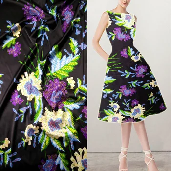 

High quality 2018 97% silk stretch heavy silk fabric satin 19mm digital prints Purple flowers super thick mulberry silk material