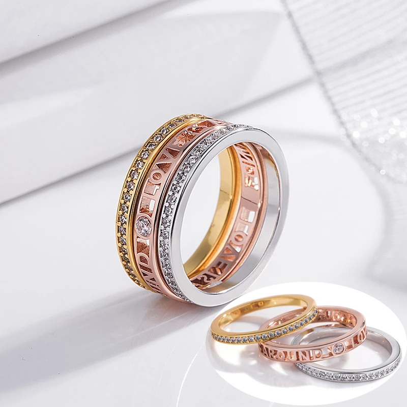 

3in1 Setting Stack Rings Micropave Crystal Stacking Ring Set Women Yellow Rose Gold Silver Color Stackable Rings Female Jewelry