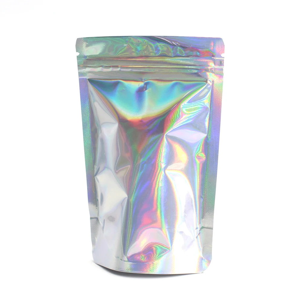 

Various Sizes 100pcs Holographic Laser Silver Cosmetic Zipper Package Bag Aluminum Foil Self Seal Stand Up Laser Zip Lock Bags