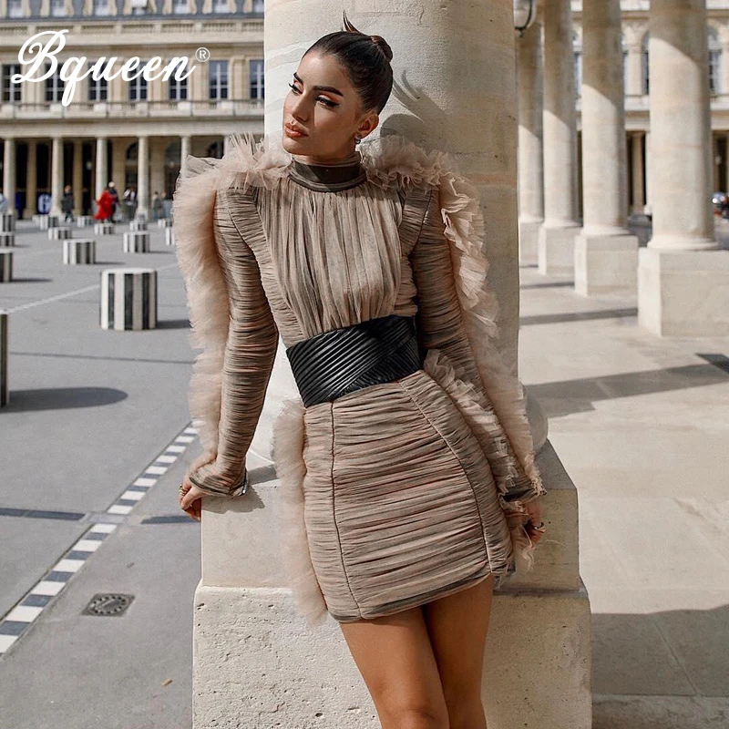  Bqueen Fashion Stand Neck  Long Butterfly Sleeve Winter Women Bandage Dress Sexy  Mini  Dress With Sashes 2018  Vestidos