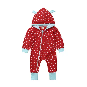 

2018 Christmas Lovely Newborn Kids Baby Boys Girls Red Xmas Polka Dot Hooded Romper Jumpsuit Outfits Set