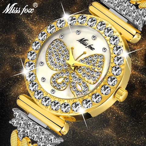 Marca de Luxo Relógio de Ouro Especial à Prova Relógio de Pulso Missfox Borboleta Mulheres Relógios Grande Diamante 18 k Pulseira Caro d’ Água Senhoras