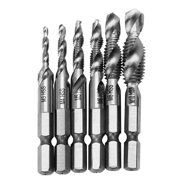 6 pcs HSS 1/4 Inch Hex Shank Combination Drill Tap Bit Set Metric Deburr Countersink Bits | Инструменты