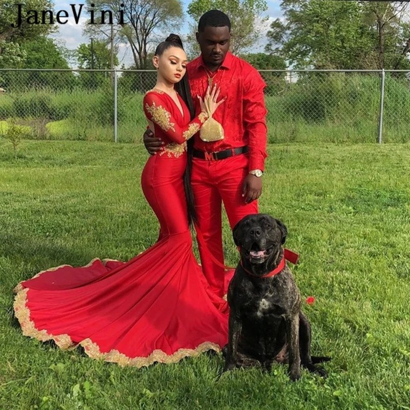 JaneVini сексуальное красное платье-Русалка с длинным рукавом Выпускные платья Глубокий v-образный вырез Золотые Аппликации Элегантное свадебное платье атласное платье торжество Jurk плюс размер