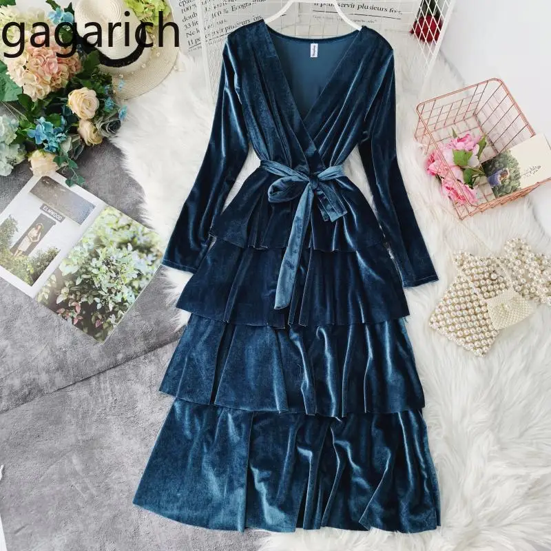 

Gagarich Women Dresses 2019 Spring New Goddess Retro Solid Velvet V-neck Long Sleeve High Waist Thin Cake Dress Elegant