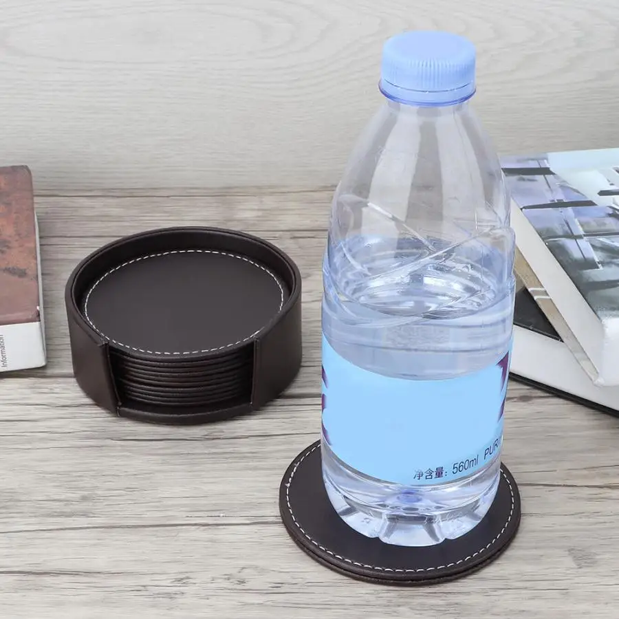 

Desk Accessories School Supplies 6pcs PU Leather Round Shape Cup Insulation Pad Coasters For Drink For Home Office Office