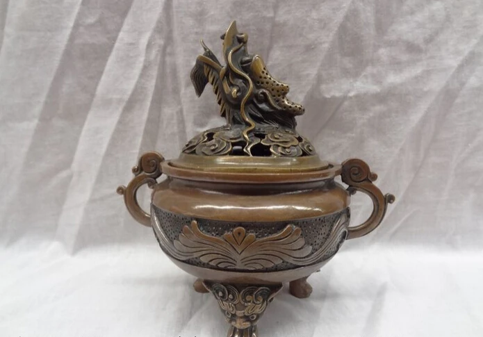 

S2955 Chinese Buddhist Bronze Dragon Head Statue Tibet Flower Incense Burner Censer D0317