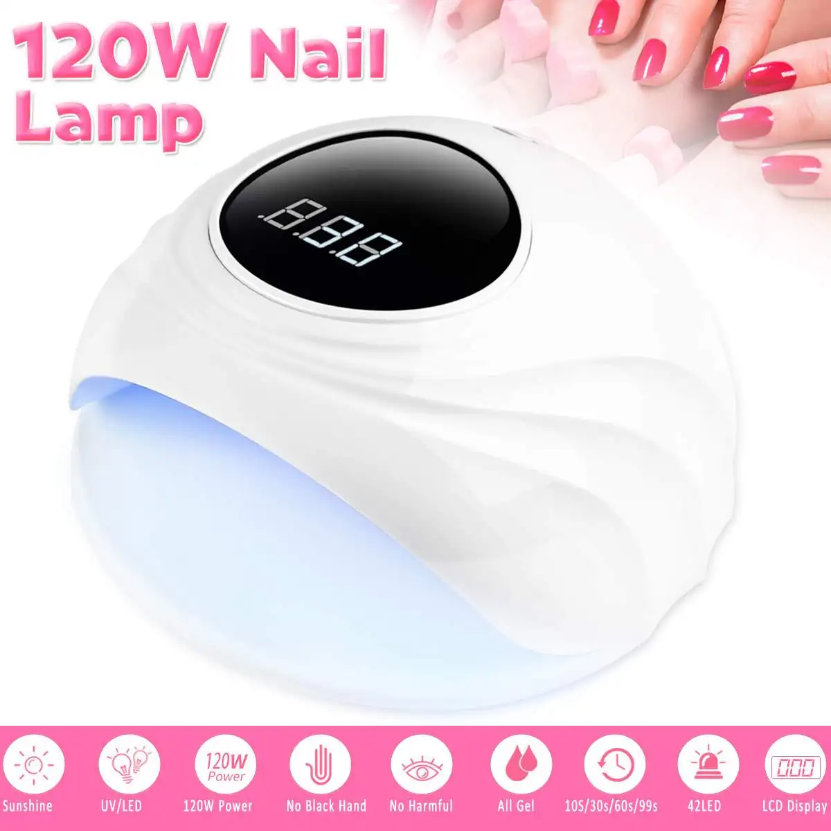 

120W Quick Infrared Sensor Pro 42 LED UV Nail Lamp Curing-Light Polish Gel Dryer Machine LCD Digital Display PC + ABS Plastic