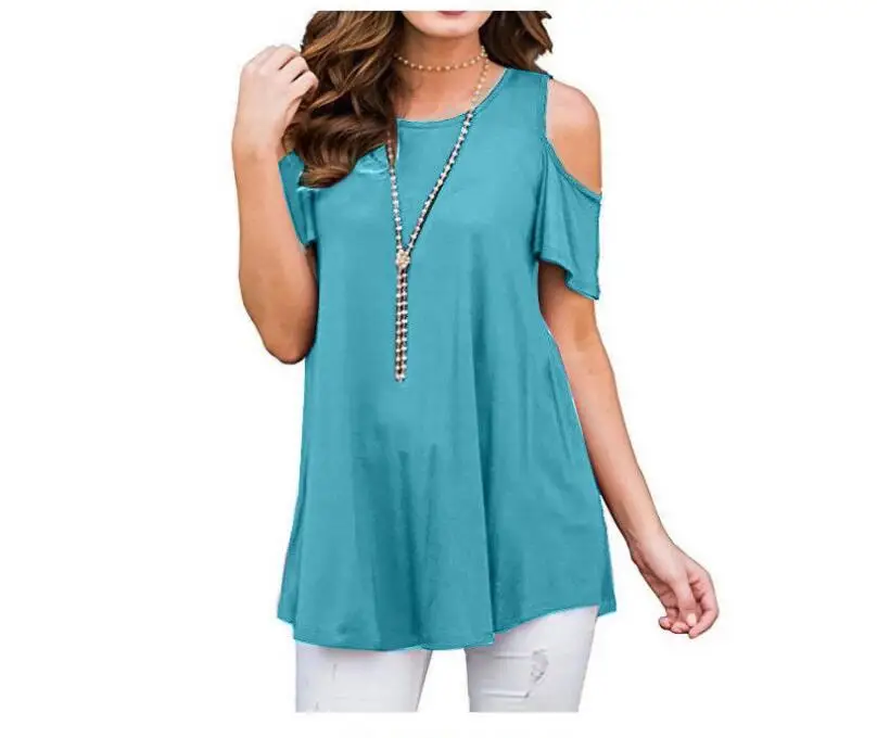Сезон весна-лето повседневные женские футболки с короткими рукавами длинные рубашки большие размеры свободные рубашки однотонные летние топы женские - Цвет: 1260-1 light blue