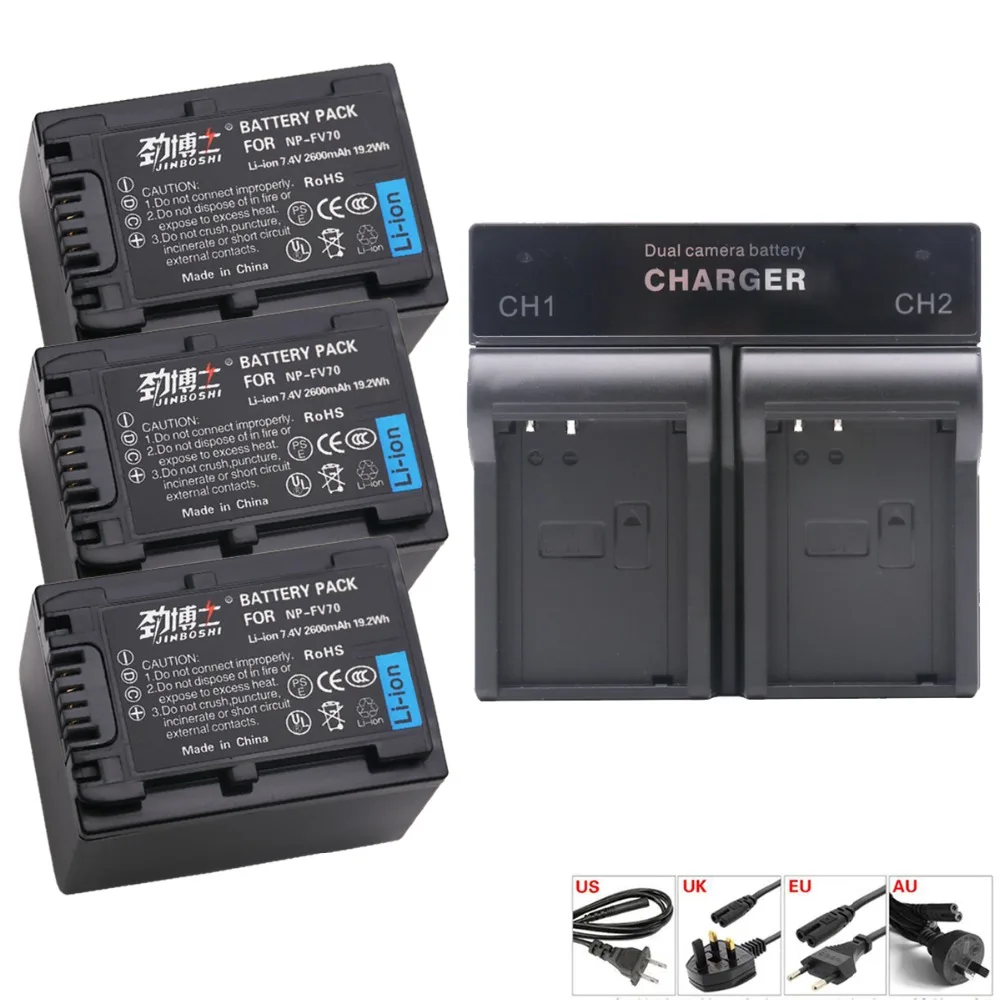

3PACKS 7.4V NP-FV70 NP FV70 npfv70 Battery +Charger for Sony HDR-CX105, CX110, CX115, CX155, CX200 AXP33 AXP35 AX30 DEV-3 DEV-5