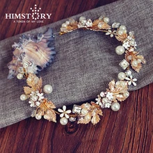 Handmade Baroque Style Gold Leaf White Flower Crystal Wedding Headband Alloy Bridal Headpiece hair accessories baroque style vintage gold flower leaf tree dragonfly bridal wedding tiara crown headband headpiece hair accessories