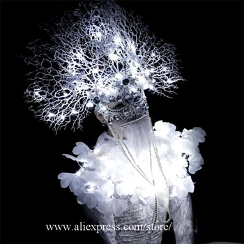 

New Fashion Dance Team Clothing DS White Branches White LED lights Costumes Party Halloween Performance DJ Singer Dancer Outfit
