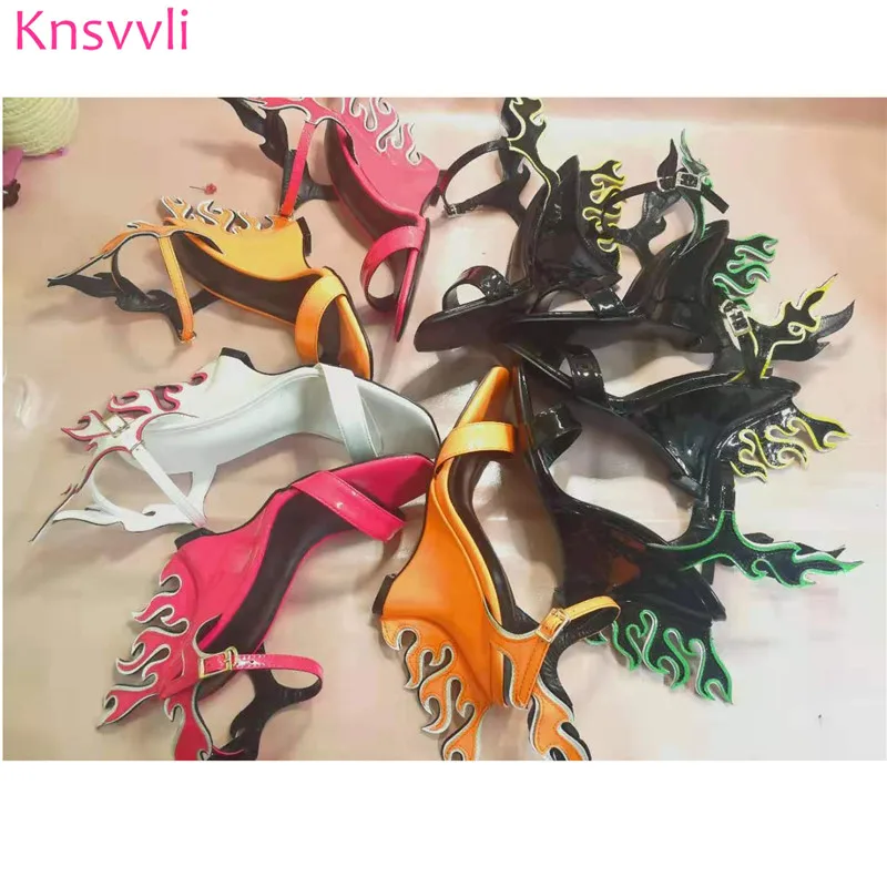 Knsvvli/Новинка года; стильные босоножки на танкетке с крыльями пламени; женские вечерние туфли из лакированной кожи; цвет белый, оранжевый; женские туфли-лодочки