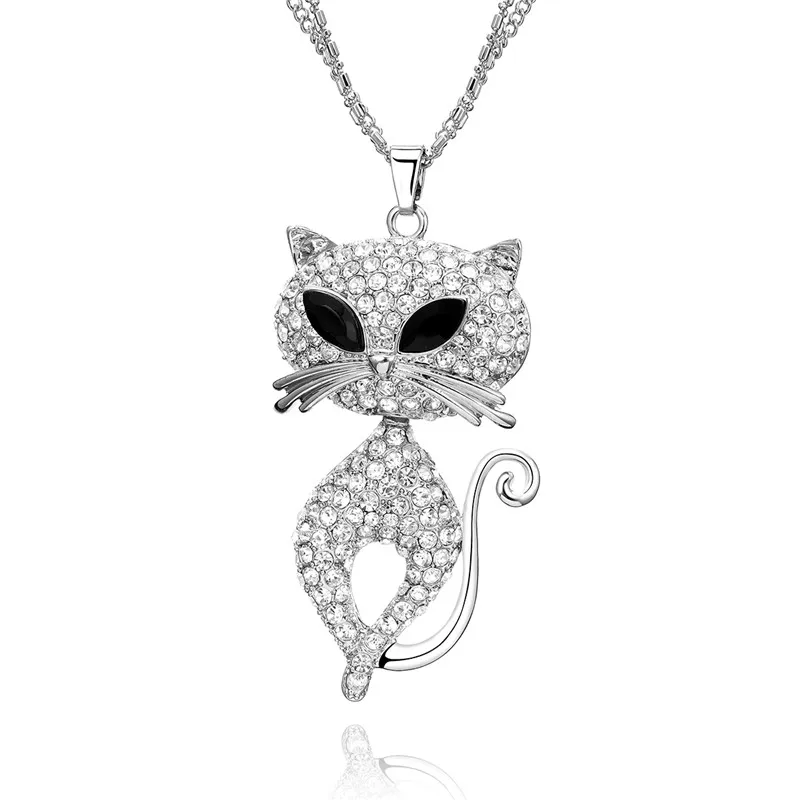 

Big Cute Mustache Cat Necklaces & Pendants Black Crystal Eyes Silver Plated Rhinestone Animal Long Sweater Necklaces for Women
