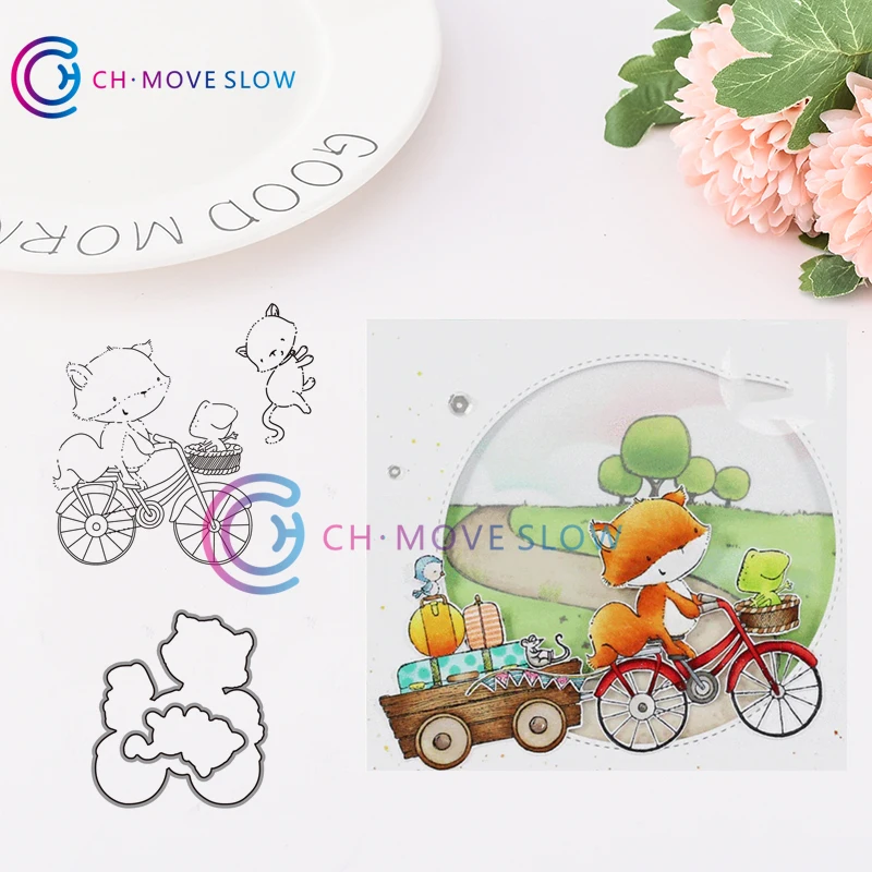 

CH Fox and Frog on Bicycle Metal Cutting Dies For Scrapbooking Practice Hands-on DIY Album Card Craft Dies