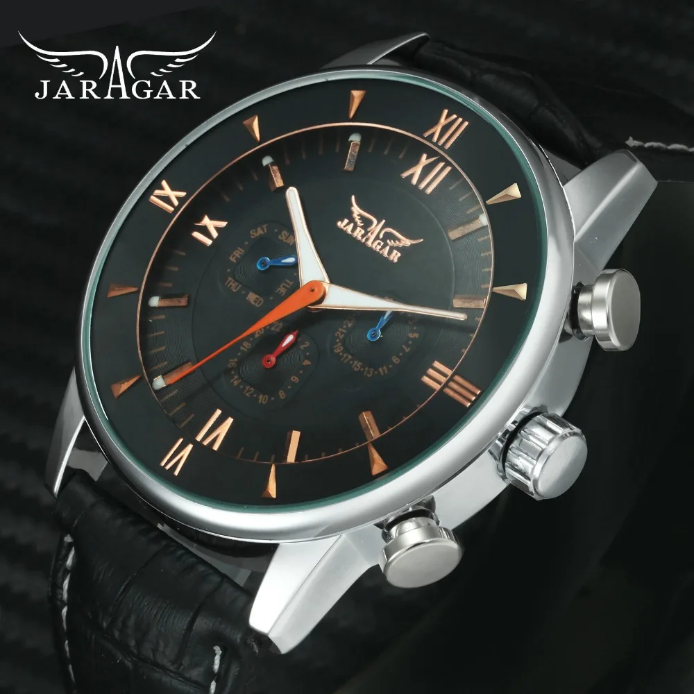 

JARAGAR Vogue Sports Auto Mechanical Watch Men Top Brand Luxury Leather Strap Rose Golden 3 Dials 6 Hands Oversize Wristwatch